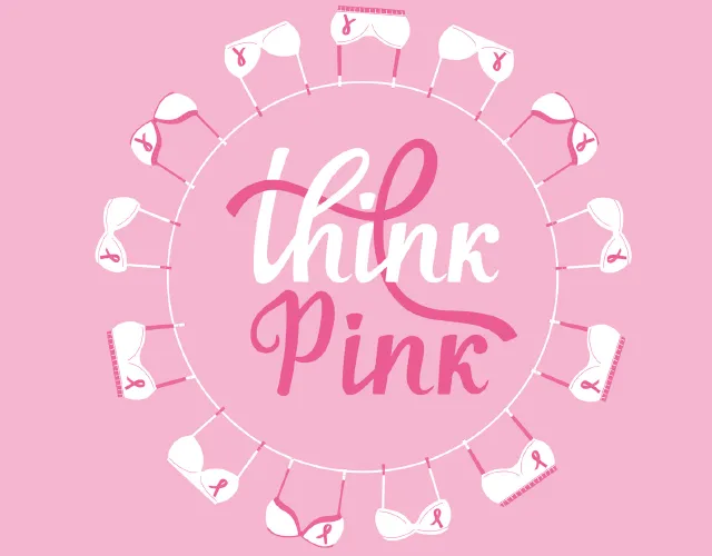 Logo Think Pink mit rosa Schleifen auf Unterwäsche